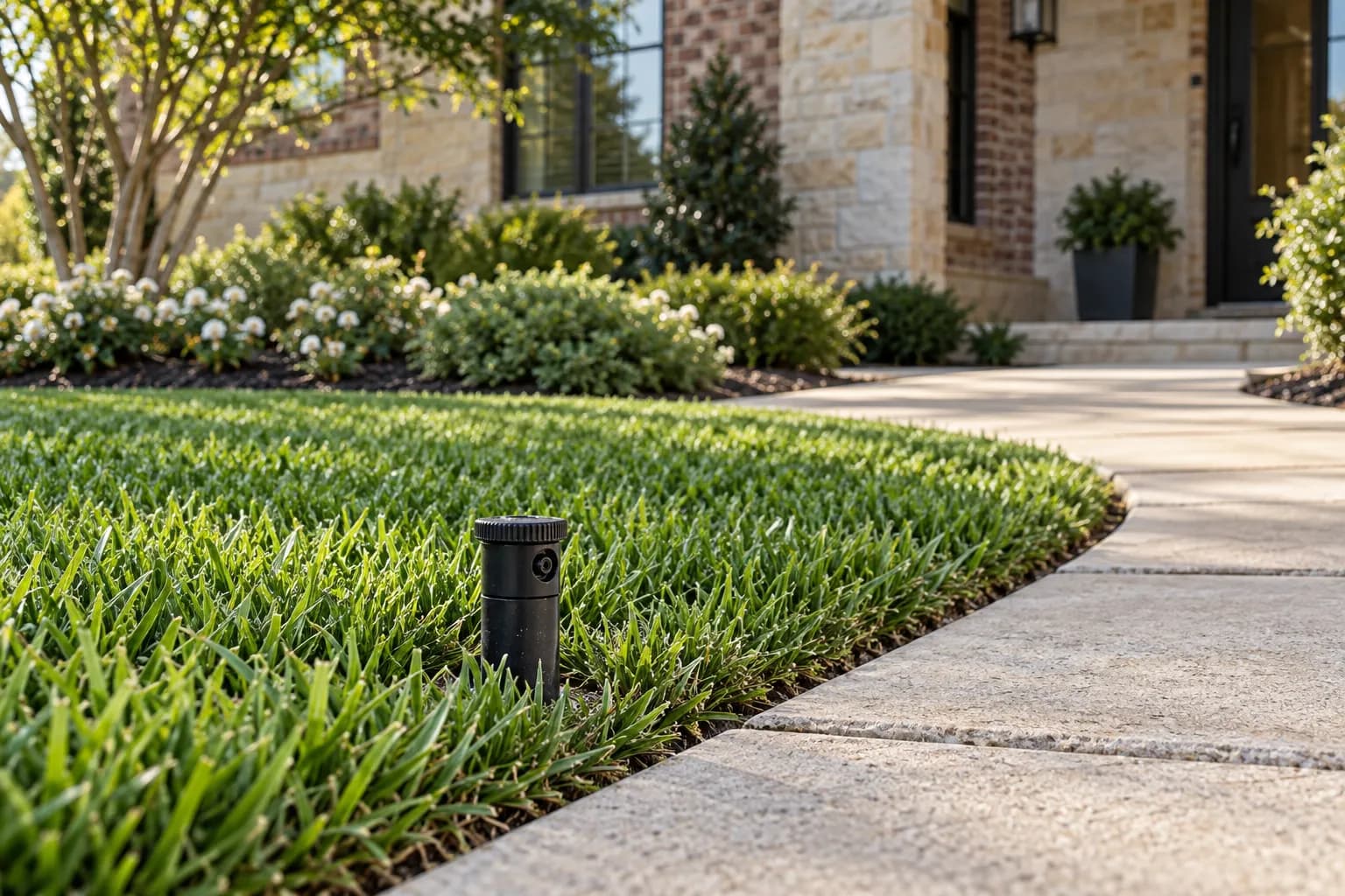 Close view of a sprinkler head beside green turf and a footpath