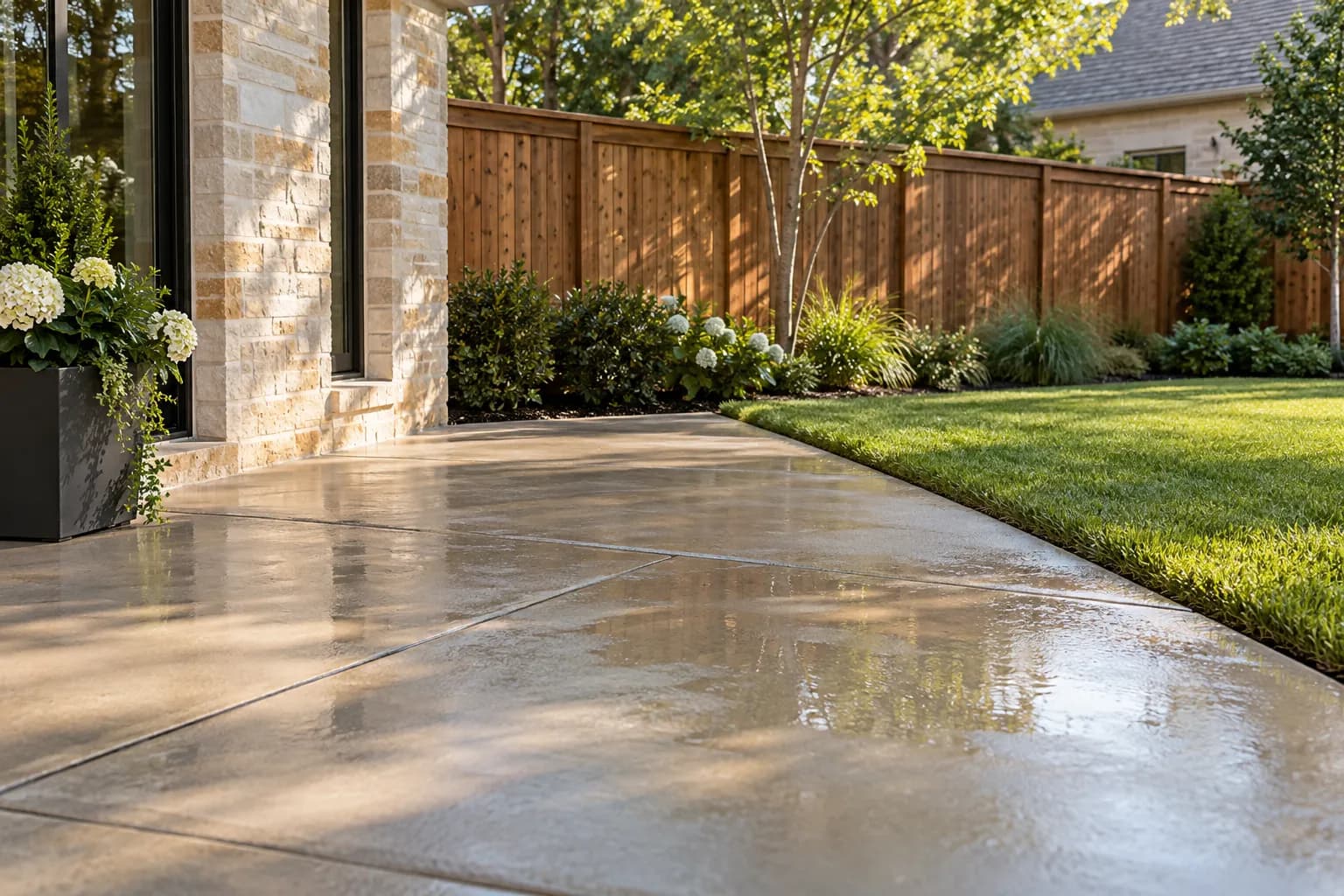 Clean damp patio beside a cedar fence and neatly edged green lawn