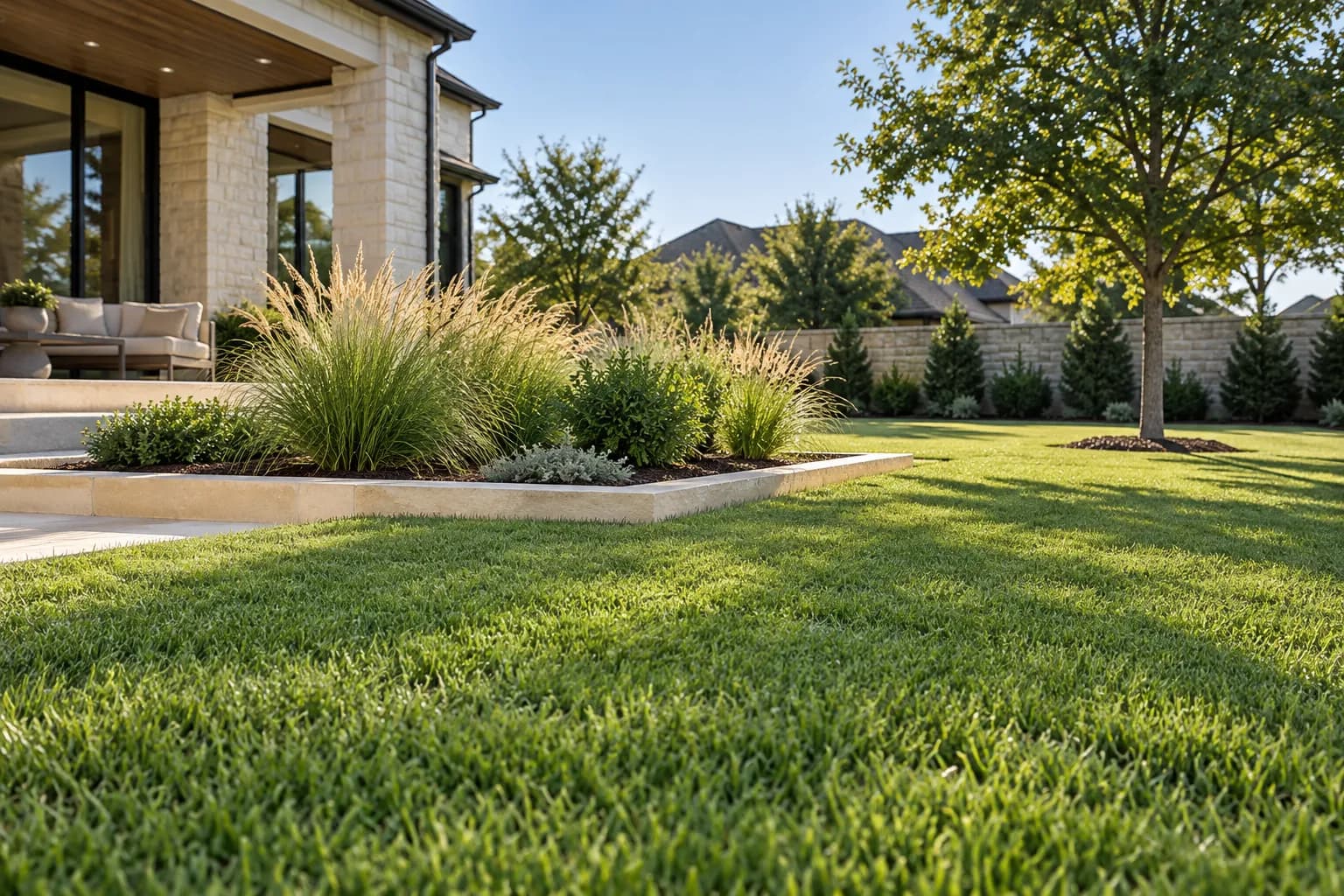 Sunny backyard lawn beside a modern limestone terrace and ornamental grasses