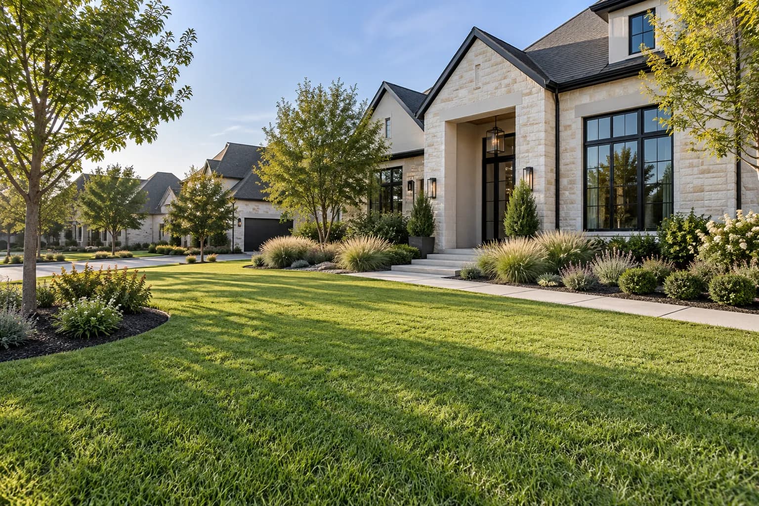 Pale stone suburban home with an open lawn and younger trees