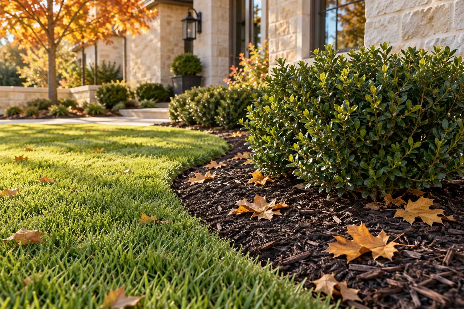 A clean mulched garden border with a few fallen oak leaves