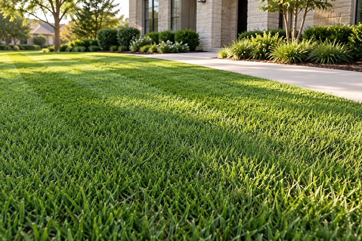 Close view of evenly cut fine turf and a change in mowing direction