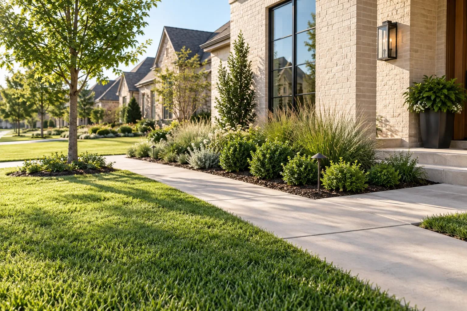 A clean front path between lawn and low shrubs at a newer home