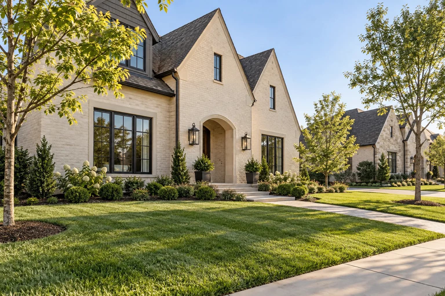 Newer cream-brick home with a neat front lawn and young street trees