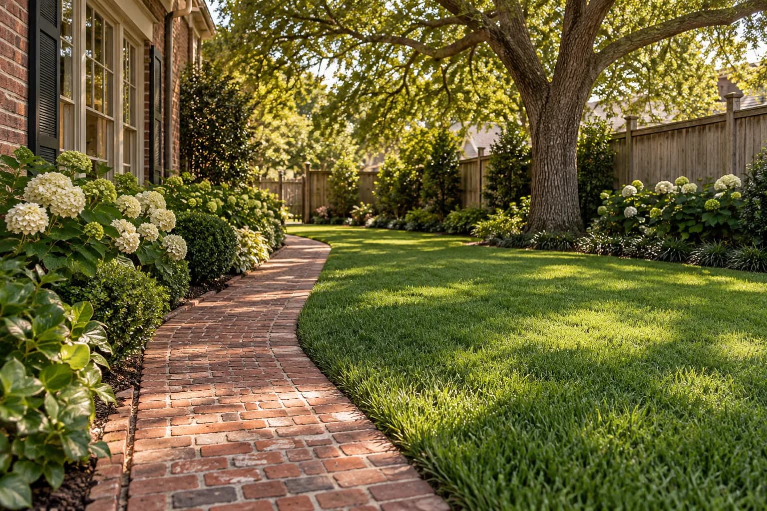 Established shaded garden with a brick path and green lawn