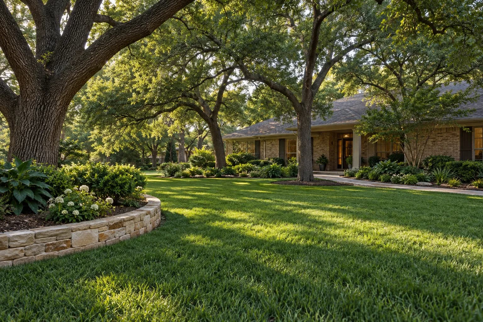 Established tree-lined residential lawn in dappled oak shade